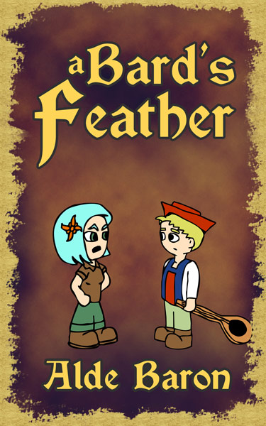 Book cover for A Bard's Feather, by Alde Baron, brown, with Desi and a Bard arguing