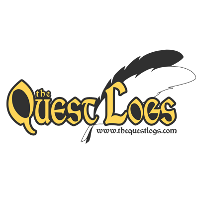 The Quest Logs logo, white quill pen, black quill pen, old english letters